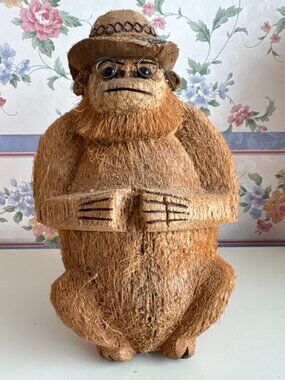 Vintage Aruba Coconut Monkey Figurine with Hat and Glasses